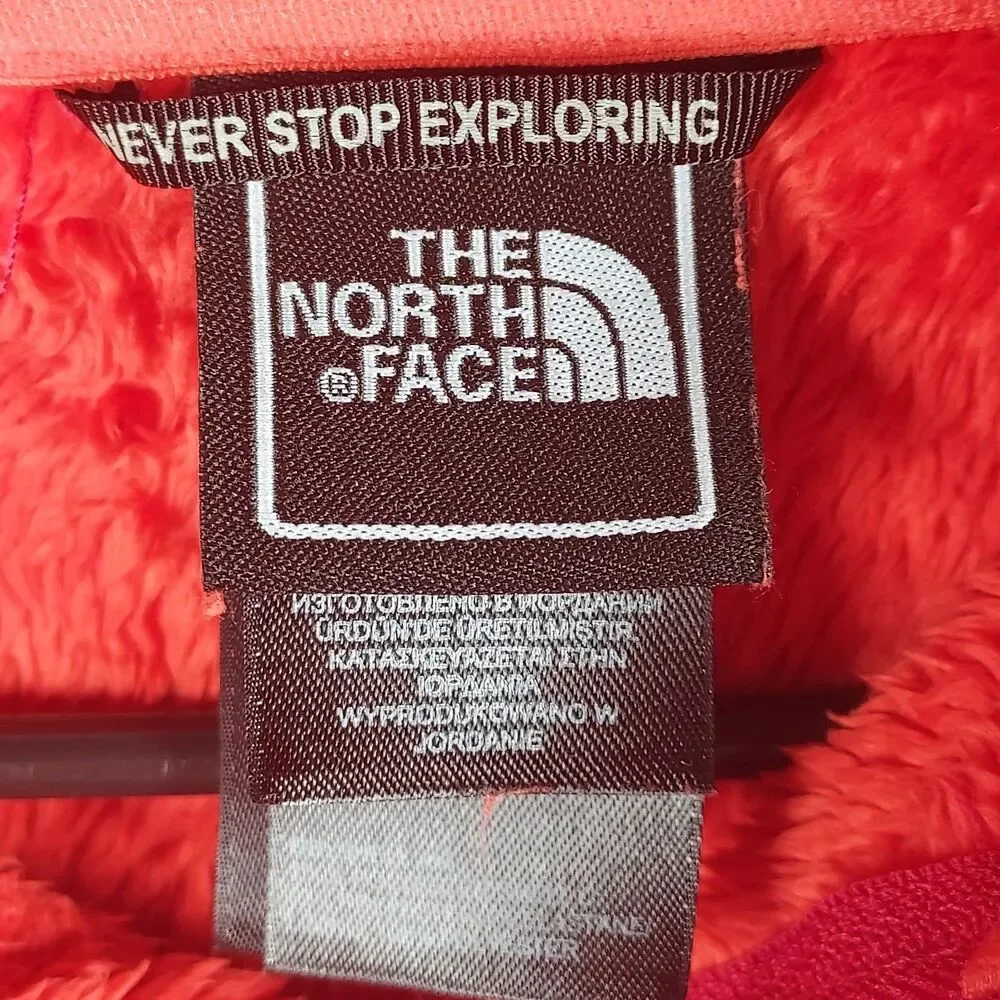 The North Face Women M Red Fuzzy Teddy Fleece Hooded Jacket Soft Zip‑Up Coat